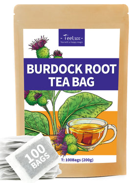 TeeLux Burdock Root Tea Bags packaging highlights eco-friendly, compostable bags