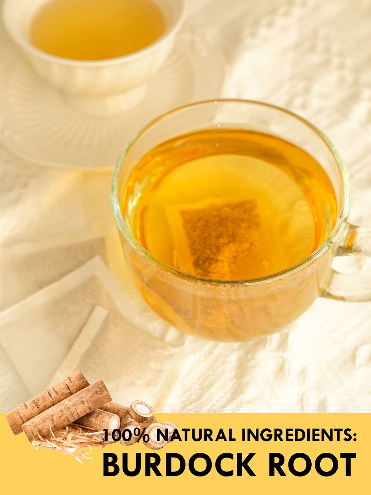 TeeLux Burdock Root Tea Bags steeping in a cup for a smooth brew