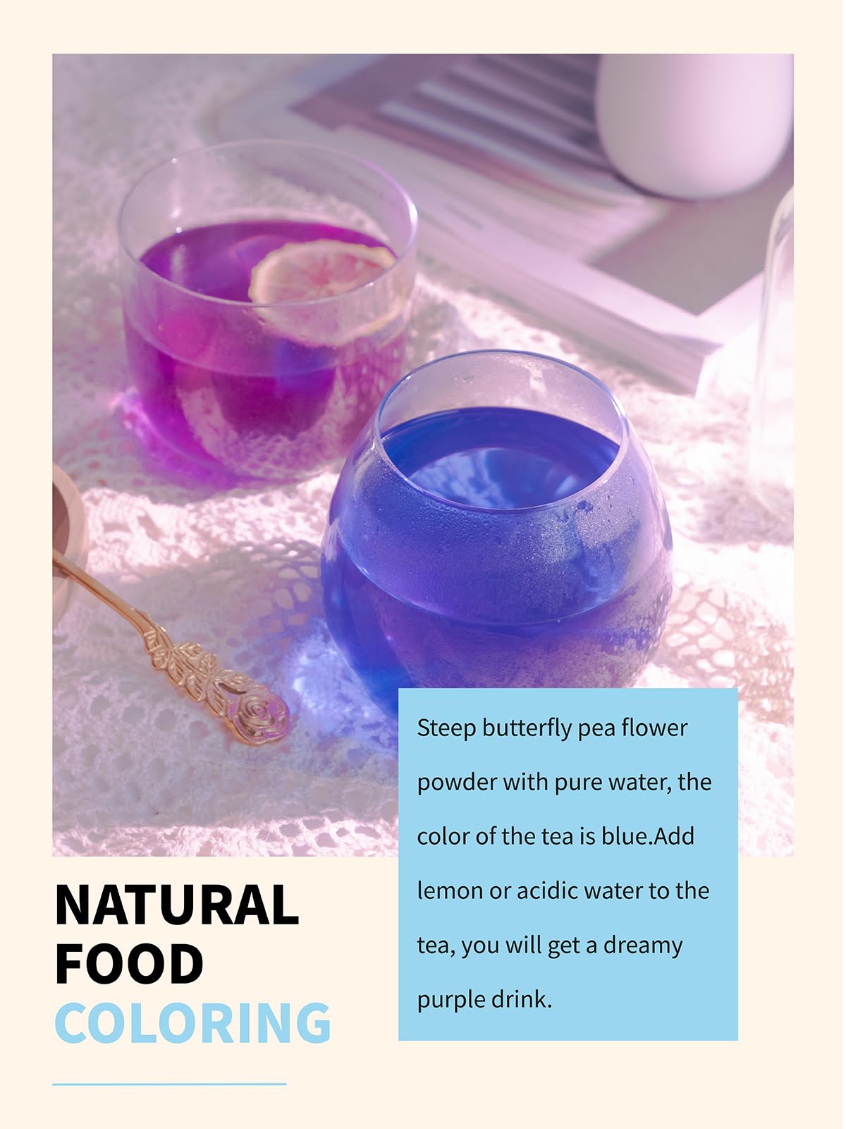 TeeLux Butterfly Pea Flower Powder, fine powder ideal for tea and color-changing recipes.