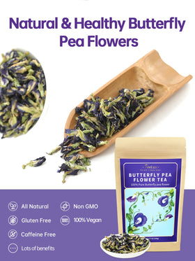 TeeLux butterfly pea tea dried flowers ready for infusion and color.