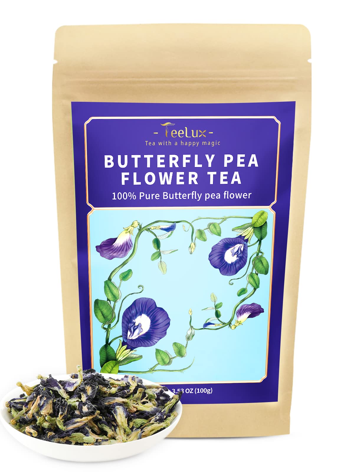 TeeLux butterfly pea tea packaging preserves freshness and aroma.