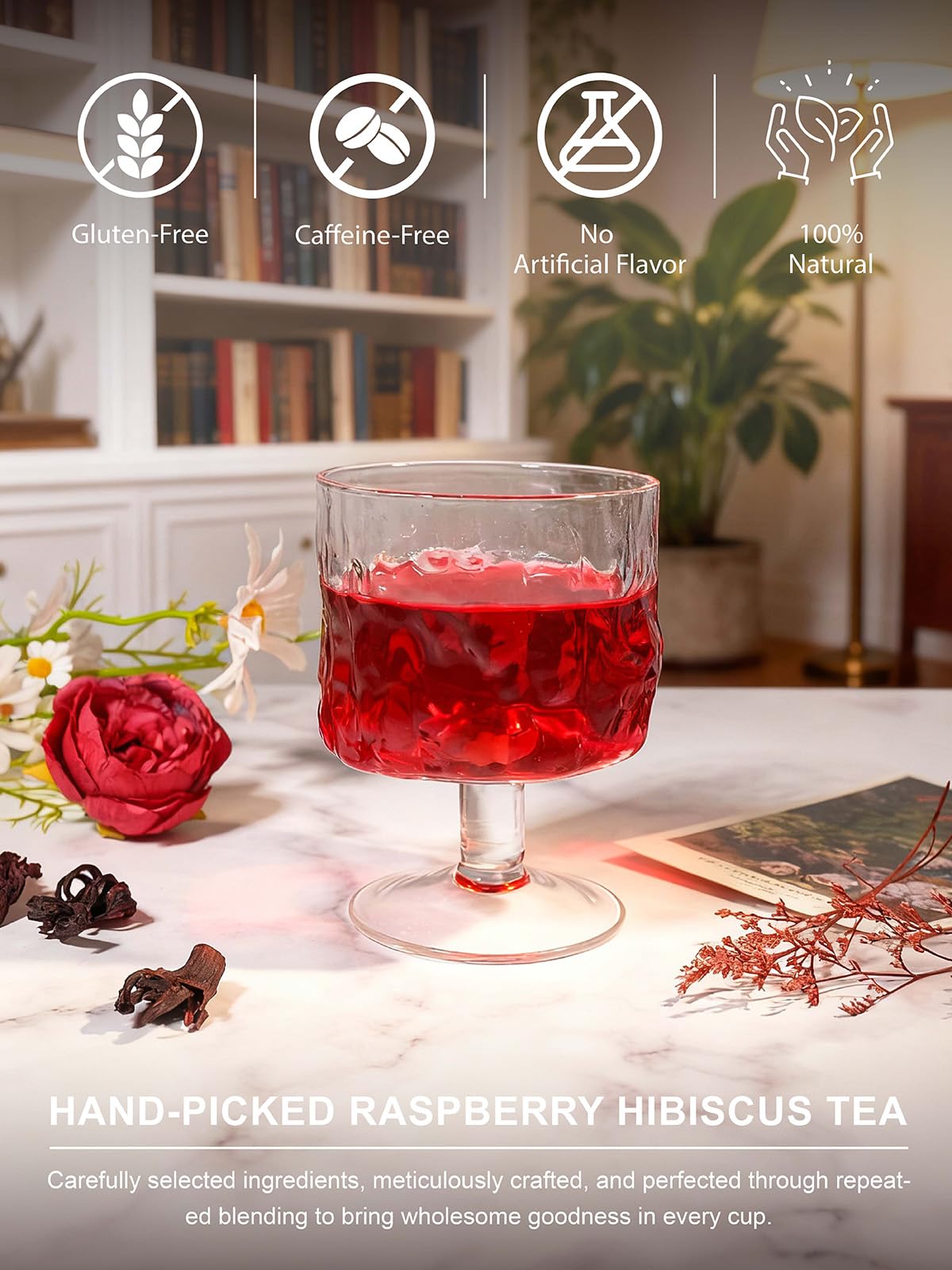 TeeLux caffeine-free label highlighting a soothing herbal option for any time