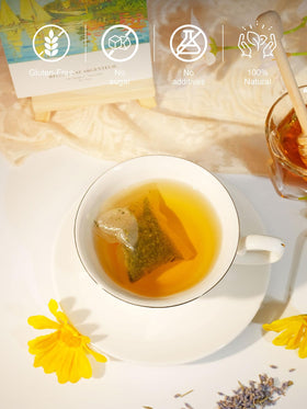 Teelux Chamomile Lavender cup steam captures soothing flavors lifting the mood.