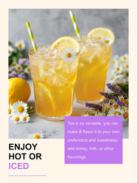Teelux Chamomile Lavender lemon balm blend visual highlights balanced herbal notes.