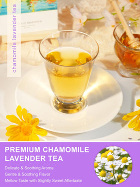 Tealux Chamomile Lavender tea bags closeup reveals natural ingredients and delicate aroma.