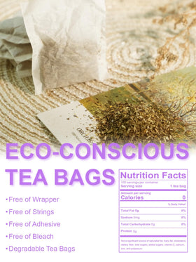 Teelux Chamomile Lavender tea bags open reveals loose herbs and colors.