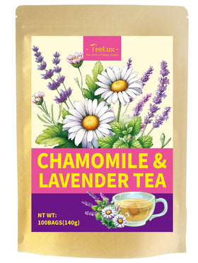 Tealux Chamomile Lavender tea bags packaging highlights premium blend and eco conscious materials.