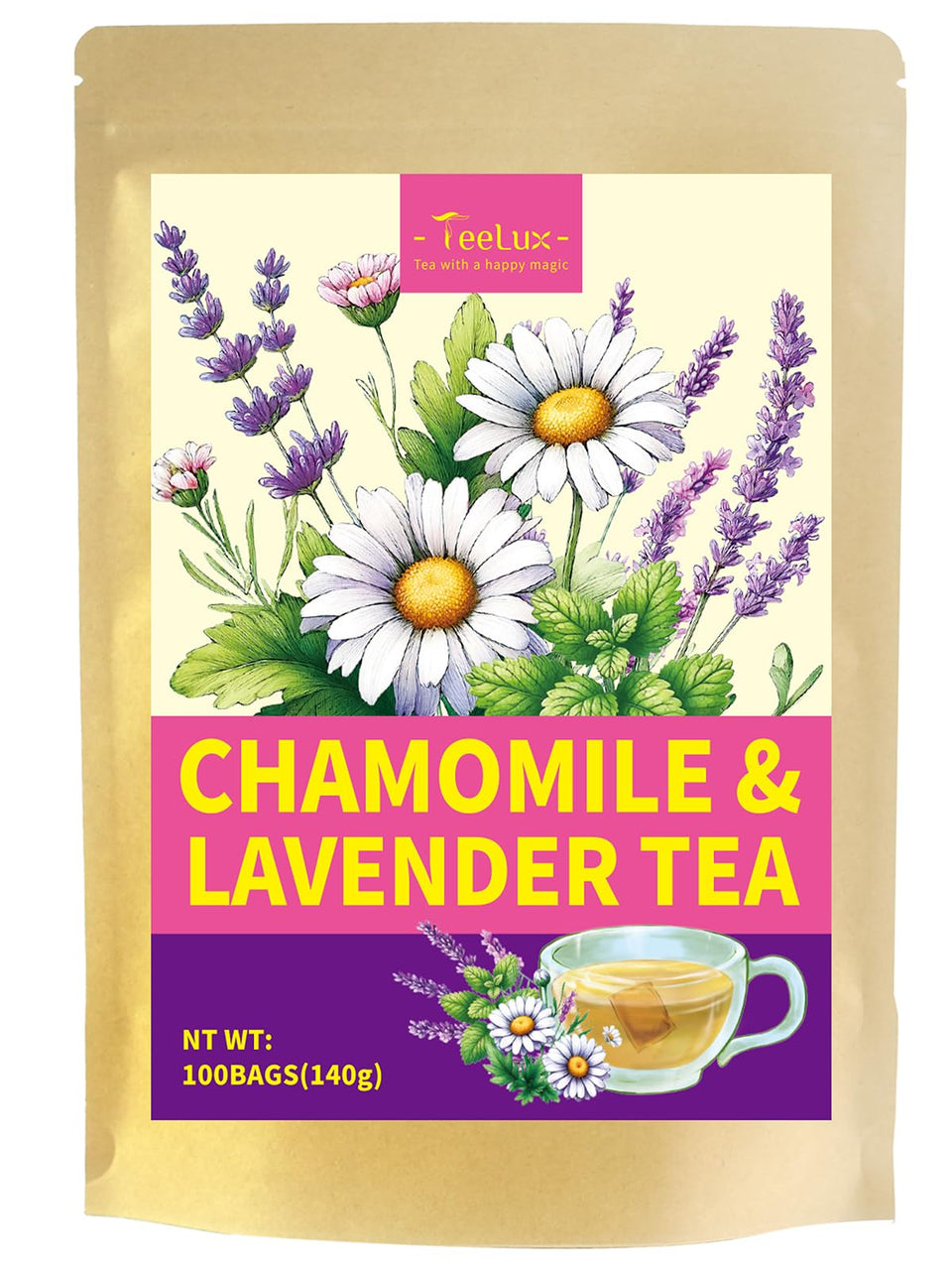 Tealux Chamomile Lavender tea bags packaging highlights premium blend and eco conscious materials.