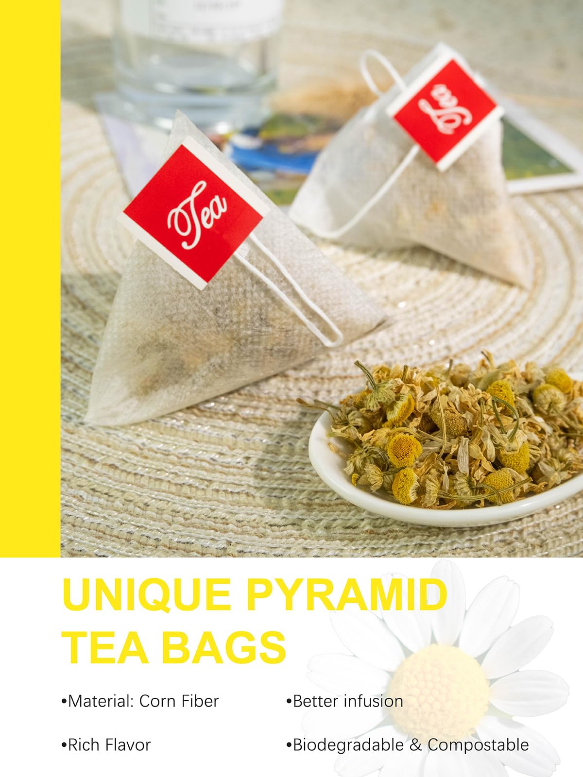 Compostable TeeLux tea bags paired with natural packaging.