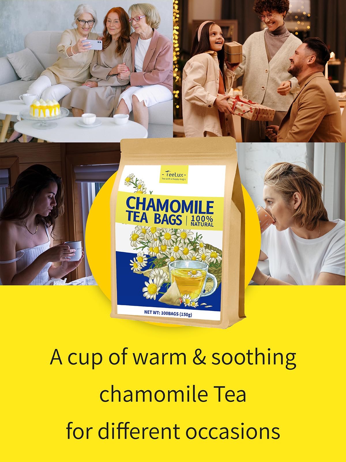 TeeLux Chamomile tea bags displayed on natural kraft packaging.