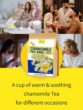TeeLux Chamomile tea bags displayed on natural kraft packaging.