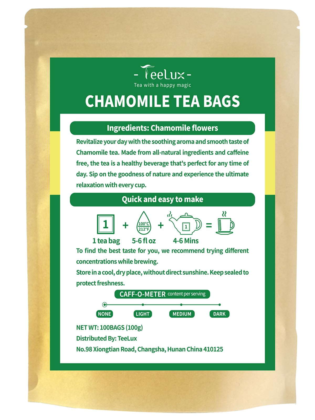 TeeLux Chamomile tea bags showcase non-GMO plant-fiber packaging