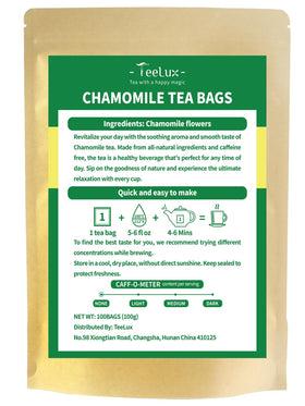 TeeLux Chamomile tea bags showcase non-GMO plant-fiber packaging