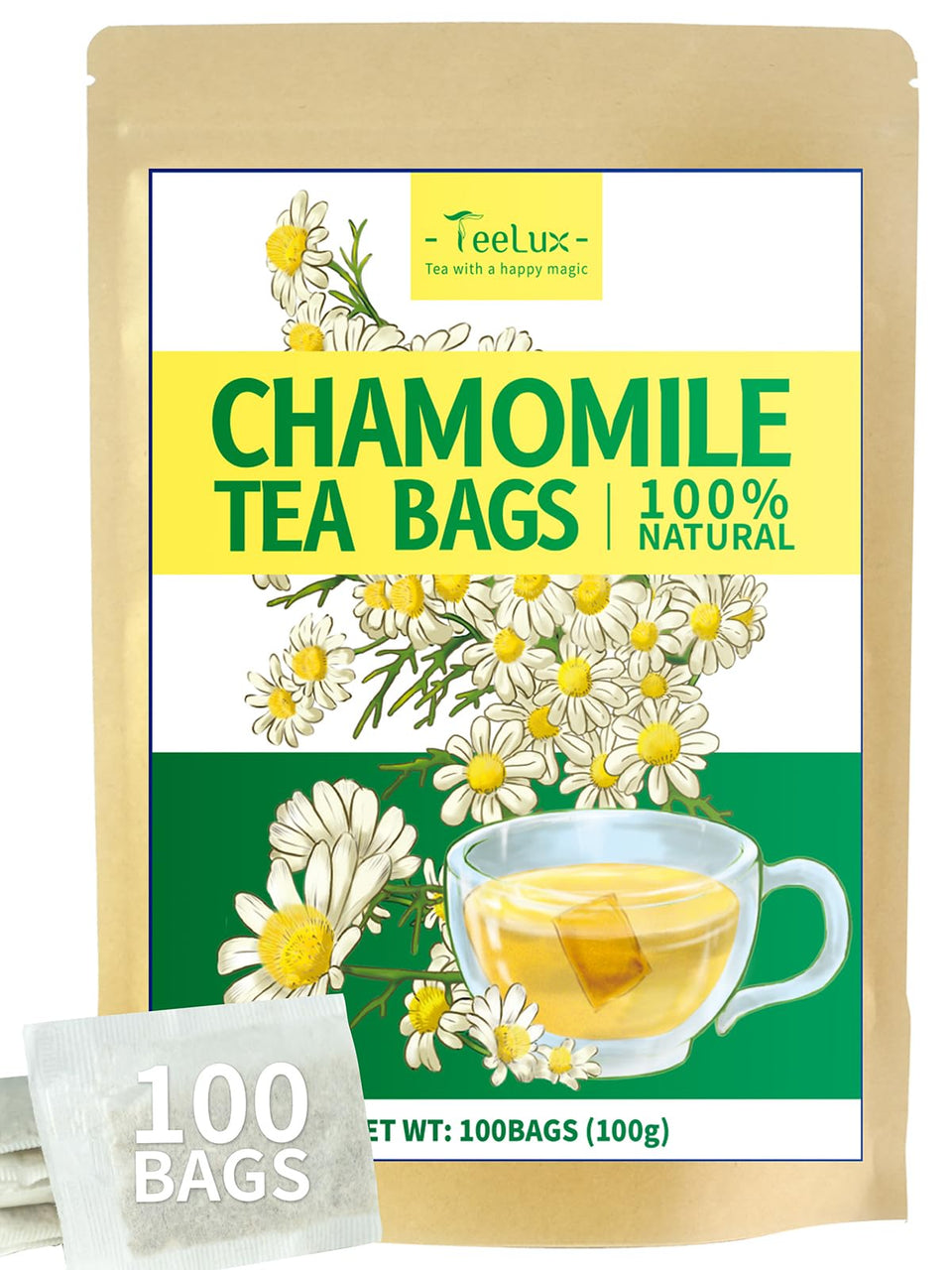 TeeLux Chamomile tea bags in package highlight natural flavor for a relaxing evening