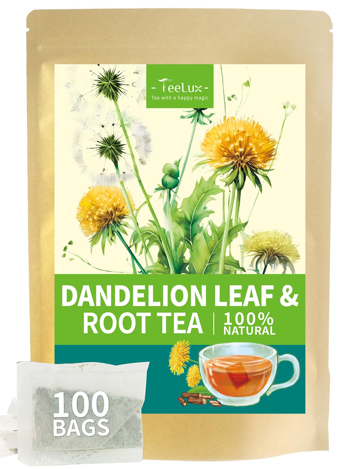 TeeLux dandelion leaf tea bags packaging showing eco-friendly design and fresh herbal aroma.