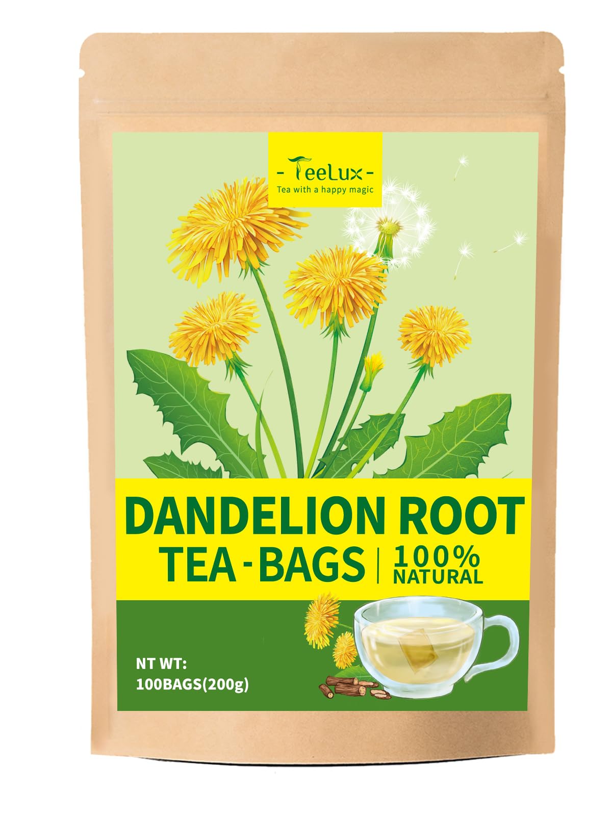 Teelux dandelion root tea bags in foil-lined packaging for freshness.