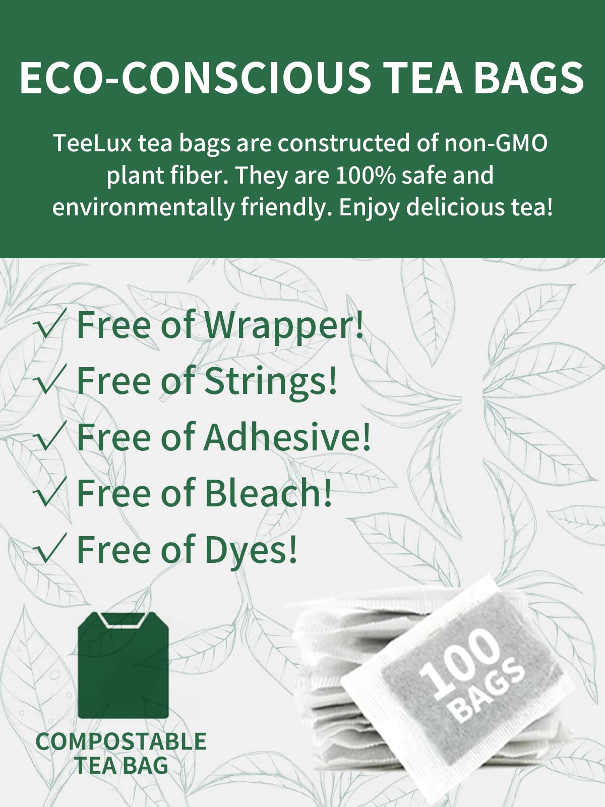 TeeLux packaging shows non-GMO fiber and compostable bags.