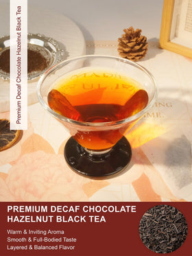 Teelux decaf chocolate hazelnut cup steaming, perfect for cozy evenings.