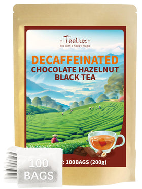 Teelux decaf chocolate hazelnut tea bag, eco-friendly packaging, ideal for afternoon calm.