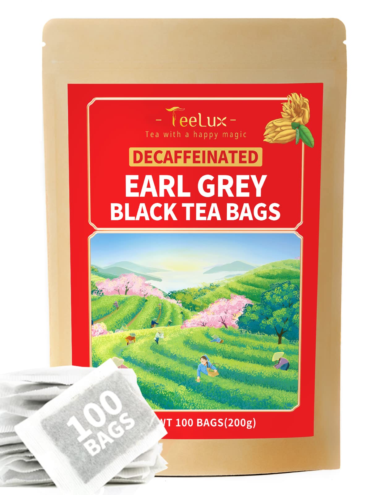 TeeLux decaf Earl Grey tea bags packaging highlights eco-friendly materials