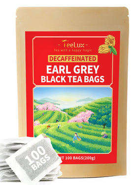 TeeLux decaf Earl Grey tea bags packaging highlights eco-friendly materials