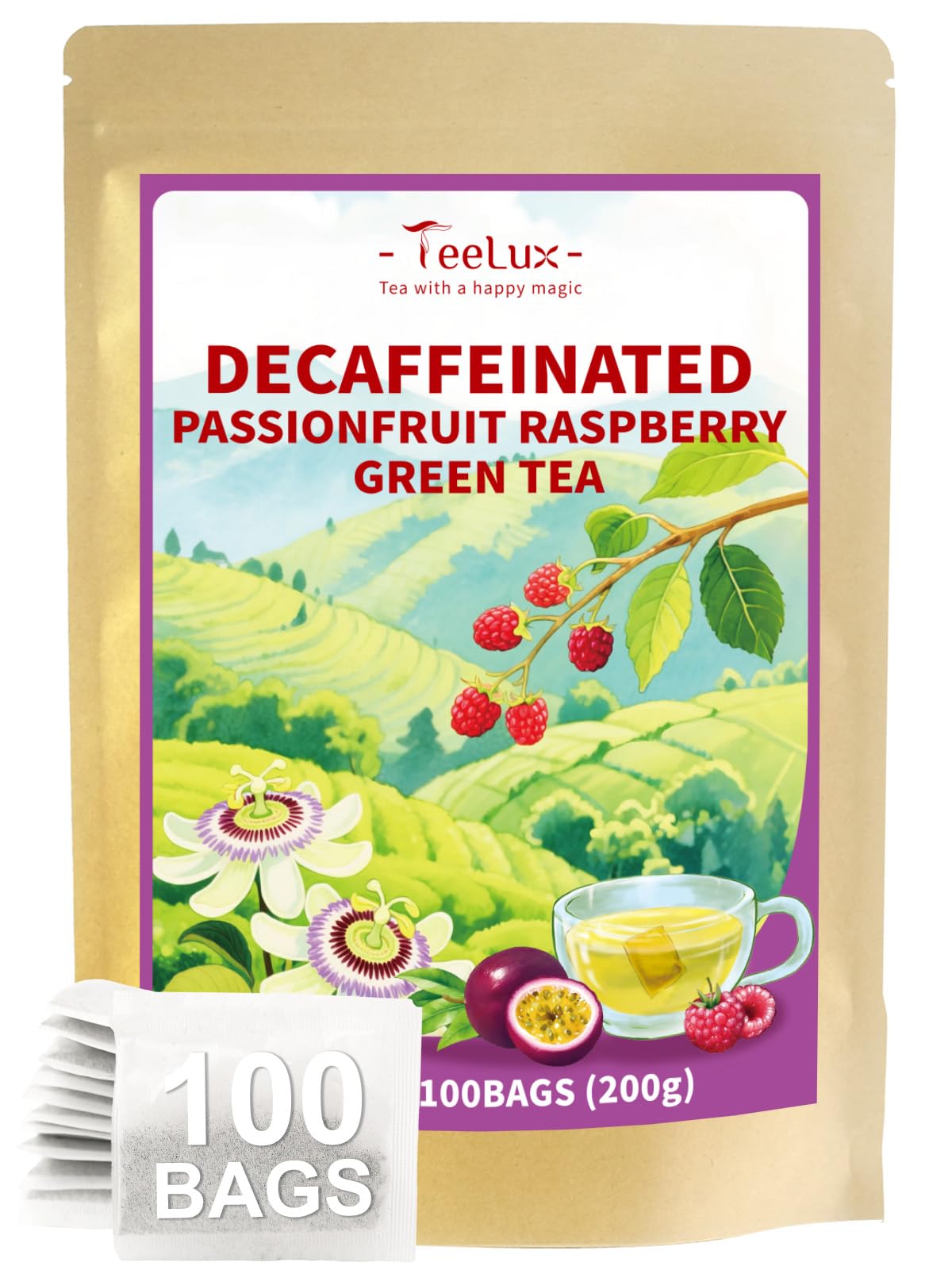 TeeLux decaf green tea bags with passionfruit and raspberry for refreshing brew.