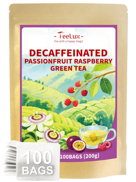 TeeLux decaf green tea bags with passionfruit and raspberry for refreshing brew.