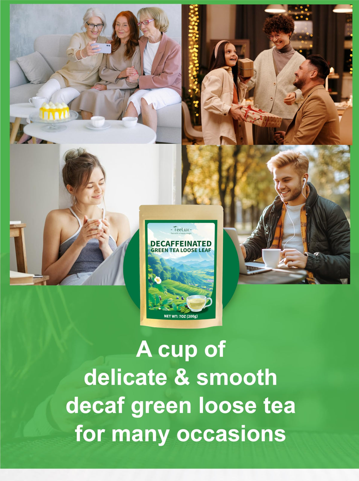 TeeLux decaf green tea gift-ready pack for tea lovers.