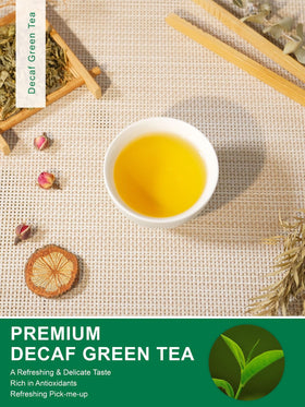TeeLux Decaf Green Tea hot cup showing smooth flavor for daytime or evening.