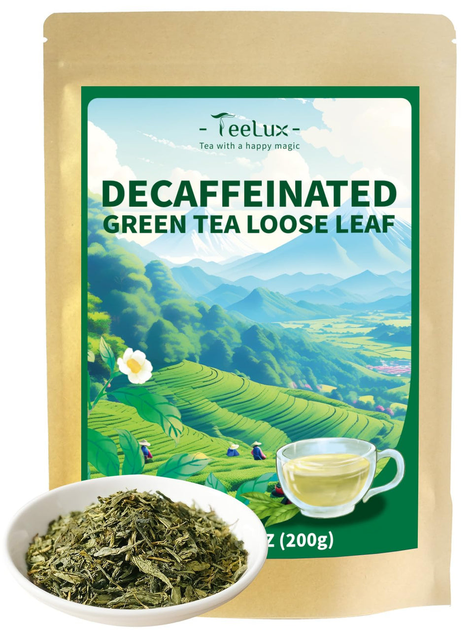 TeeLux Decaf Green Tea leaves close-up, highlighting subtle vegetal notes for relaxing evenings.