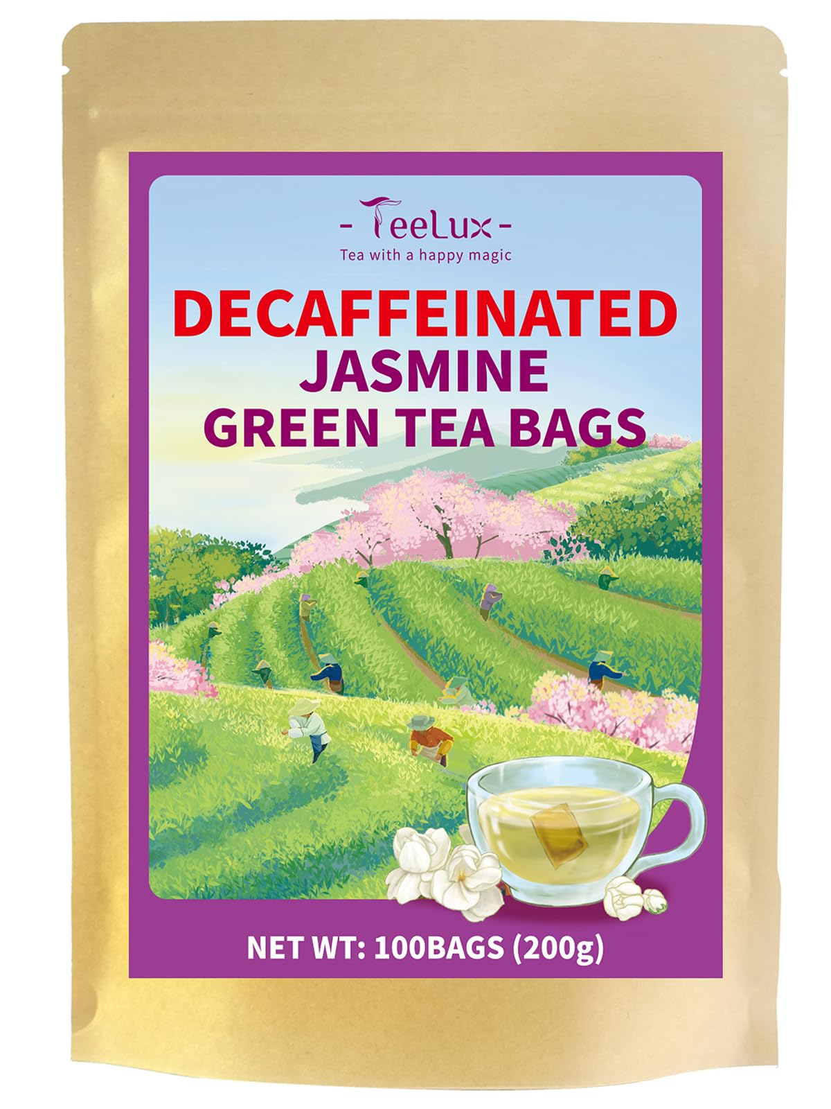 Teelux decaf jasmine green tea bags front pack with eco-friendly, compostable packaging