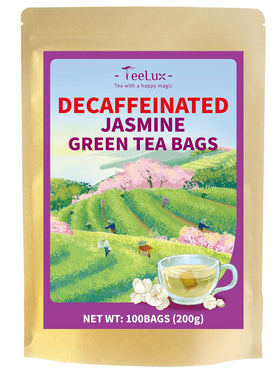 Teelux decaf jasmine green tea bags front pack with eco-friendly, compostable packaging