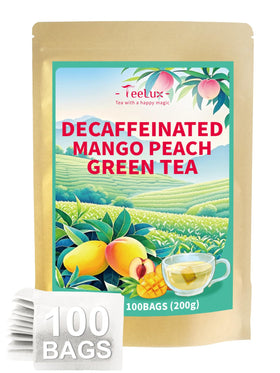 TeeLux decaf mango peach green tea packaging with eco-friendly design.