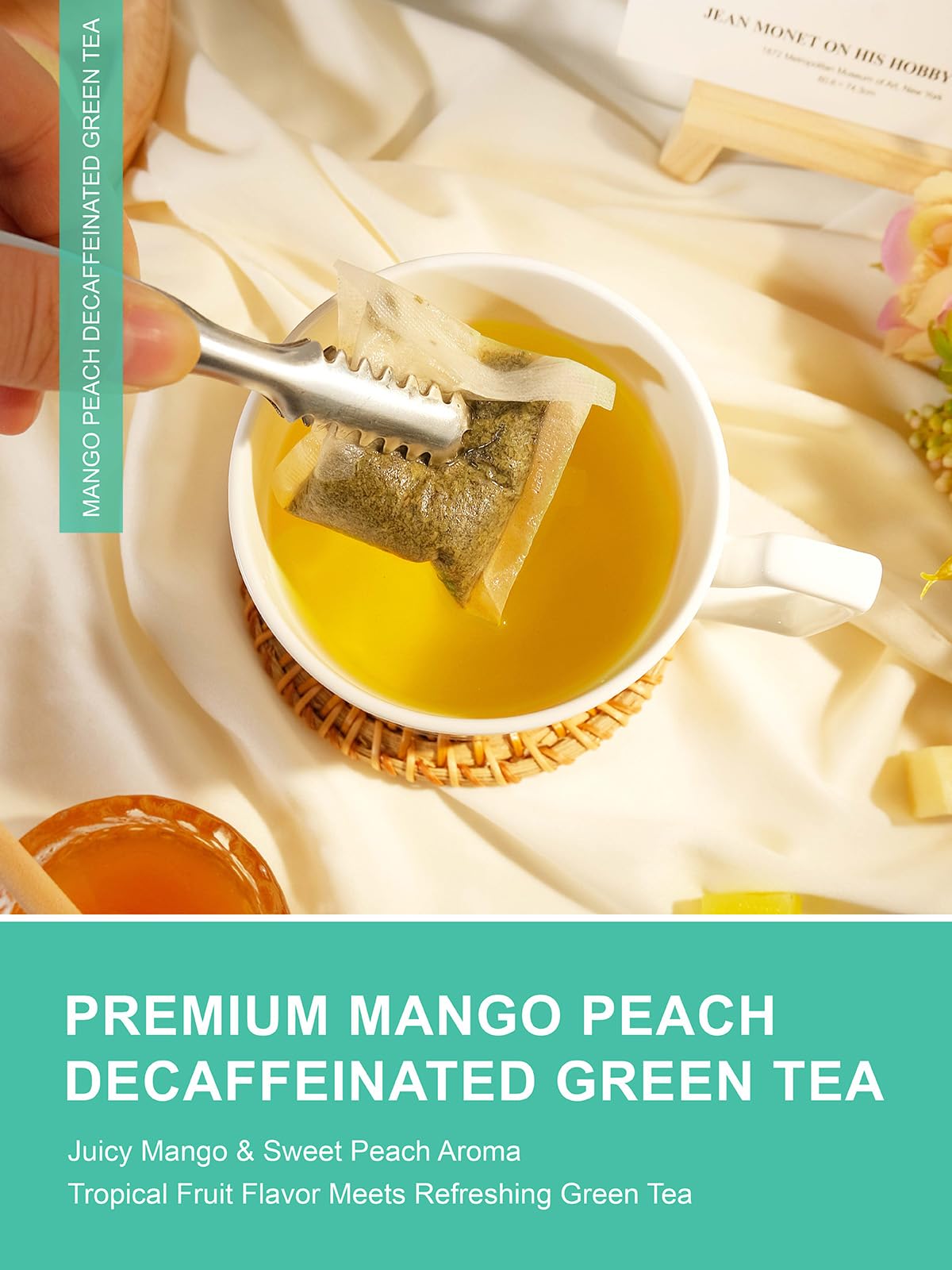 TeeLux decaf mango peach green tea bags ready for brewing hot or iced.