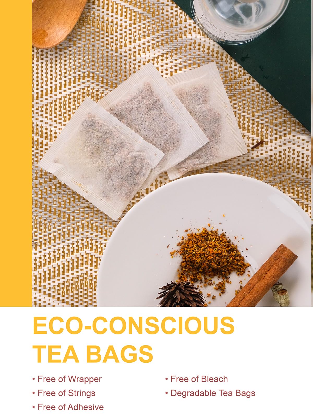 Teelux eco-friendly tea bags ready for hot or iced tea.