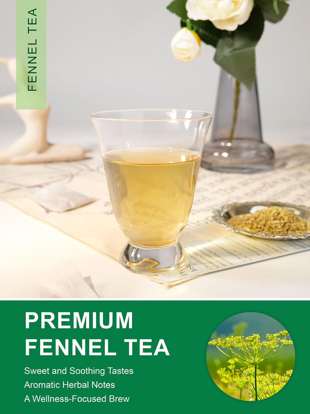 Close-up of TeeLux fennel tea bags highlighting premium natural ingredients.