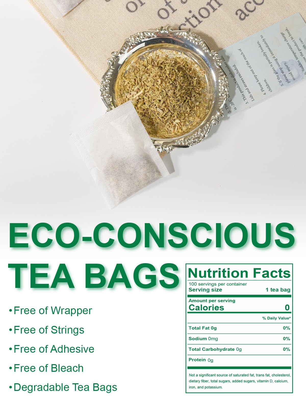 Resealable kraft pouch with foil keeps TeeLux fennel tea fresh.