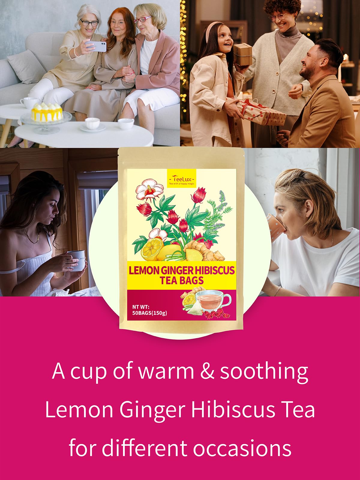TeeLux foil-lined kraft pouch preserves freshness of lemon ginger hibiscus tea
