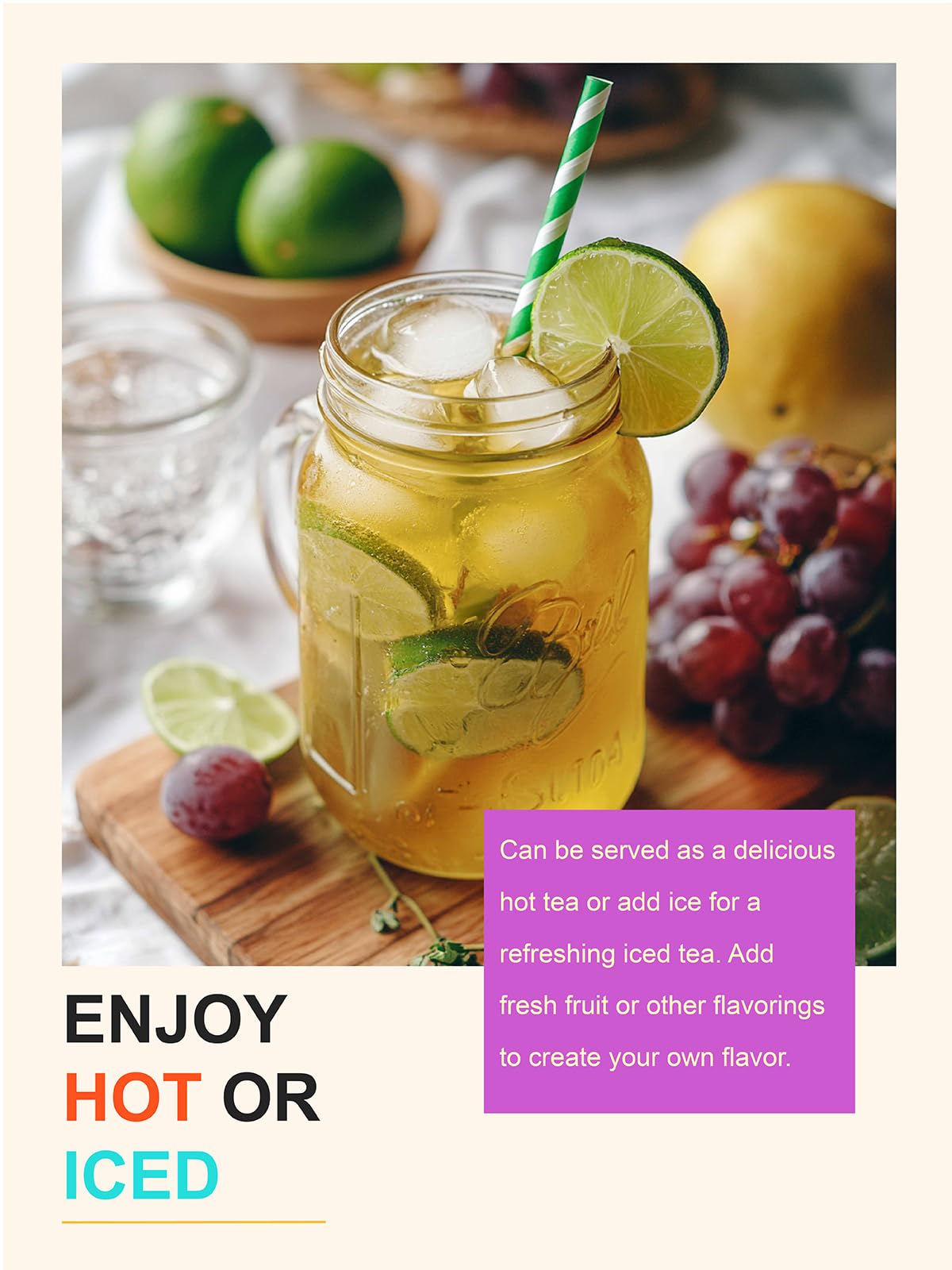 TeeLux iced tea presentation highlighting floral aroma and fruity finish.