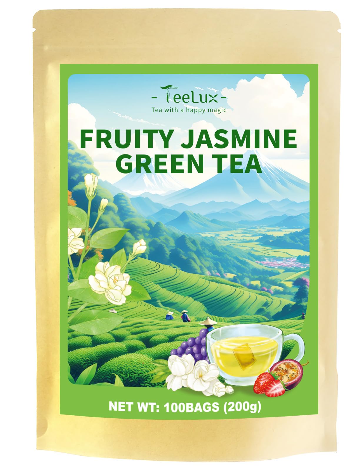 TeeLux packaging with eco-friendly tea bags and fresh jasmine-green flavor.