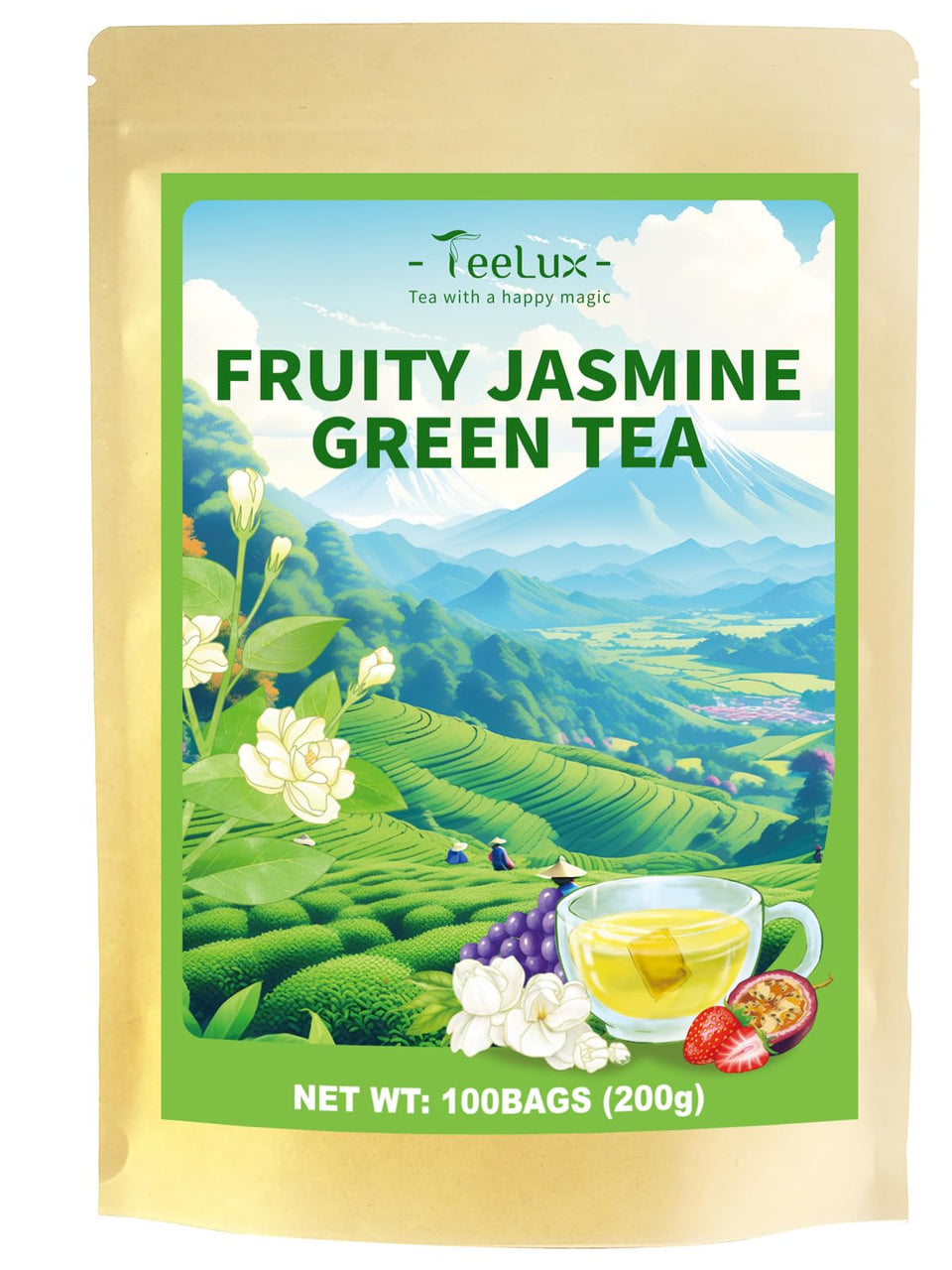 TeeLux packaging with eco-friendly tea bags and fresh jasmine-green flavor.