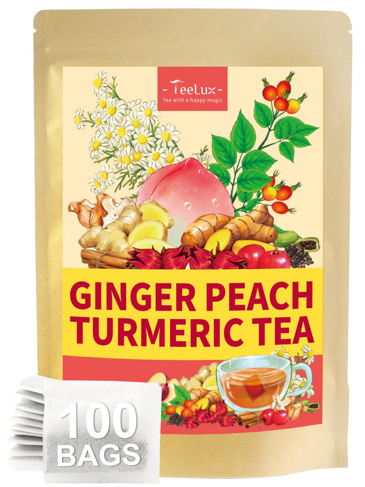 TeeLux Ginger Peach Turmeric Tea Bags: warm aroma for cozy mornings.