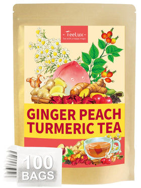 TeeLux Ginger Peach Turmeric Tea Bags: warm aroma for cozy mornings.