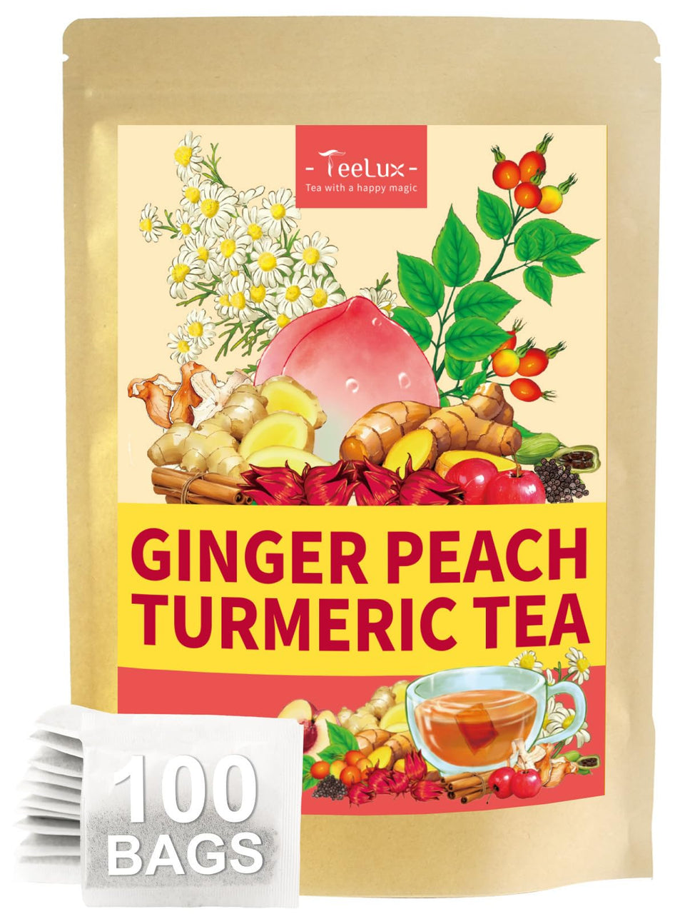 TeeLux Ginger Peach Turmeric Tea Bags: warm aroma for cozy mornings.