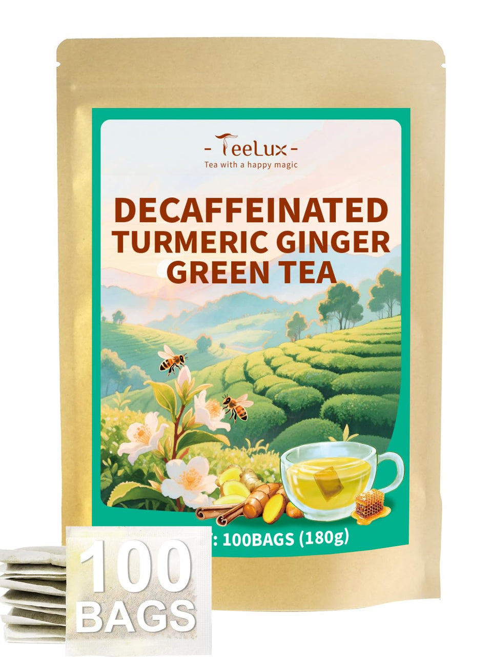 TeeLux ginger turmeric decaf green tea bags for a caffeine-free daily ritual.