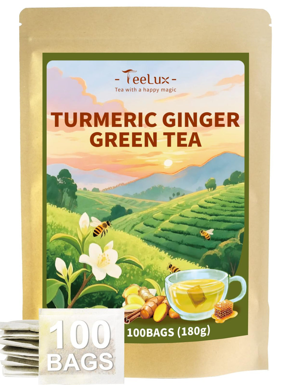 TeeLux ginger turmeric green tea bags packaging—eco-friendly and keeps tea fresh.