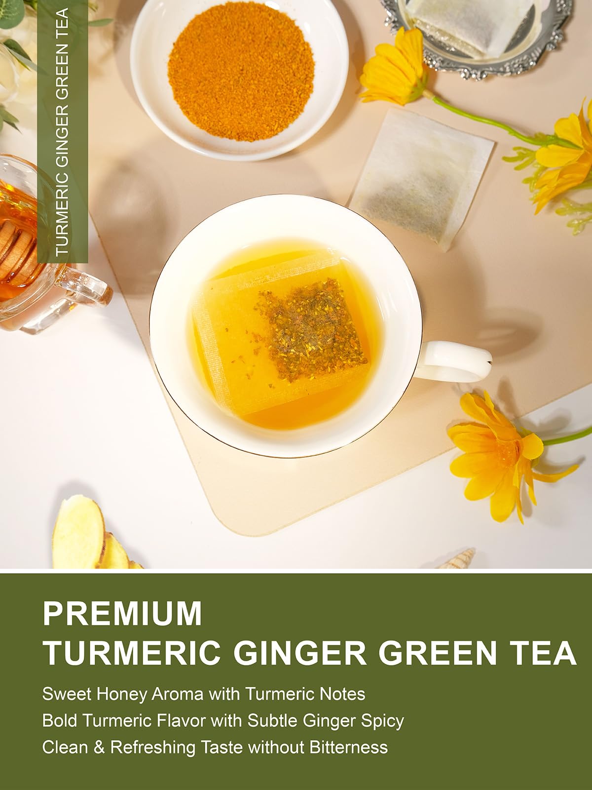 TeeLux green tea bag steeping in cup—delivers smooth, refreshing flavor.