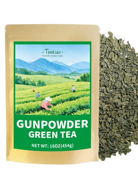 TeeLux Gunpowder Green Tea loose leaf packaging signals premium quality and freshness.