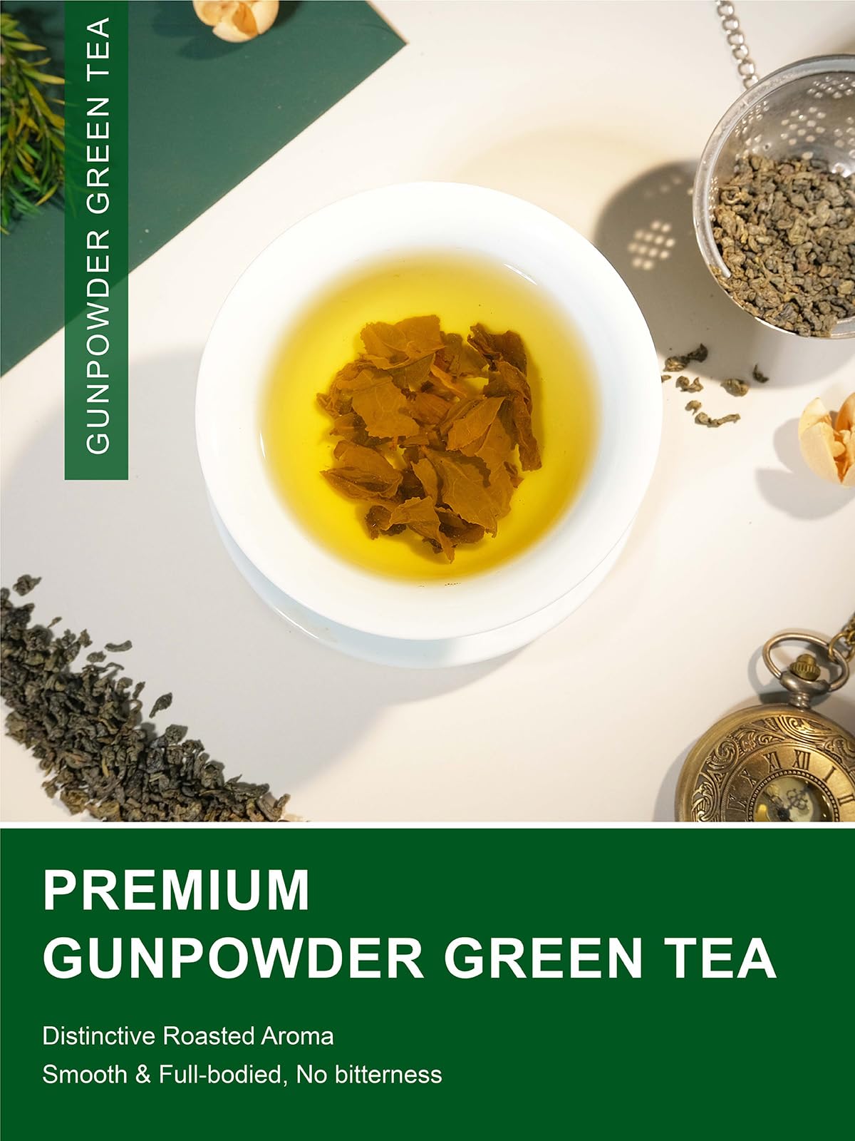 TeeLux Gunpowder Green Tea roasted aroma enhances the brewing experience.