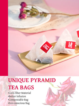 TeeLux hibiscus tea bags iced glass pour highlights caffeine-free cooling experience
